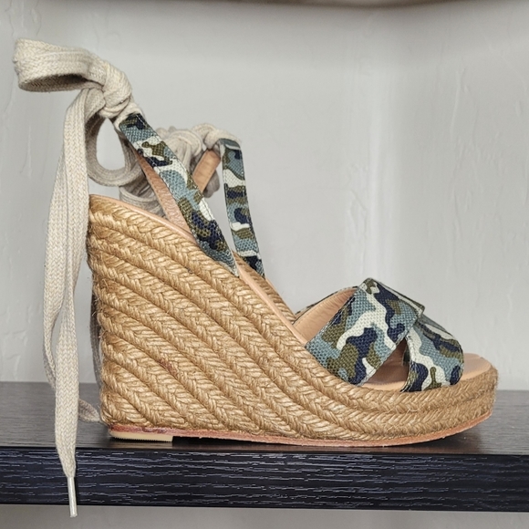 Jean-Michel Cazabat Wedge Sandal Camo Espadrille  Ankle Tie - Picture 6 of 10